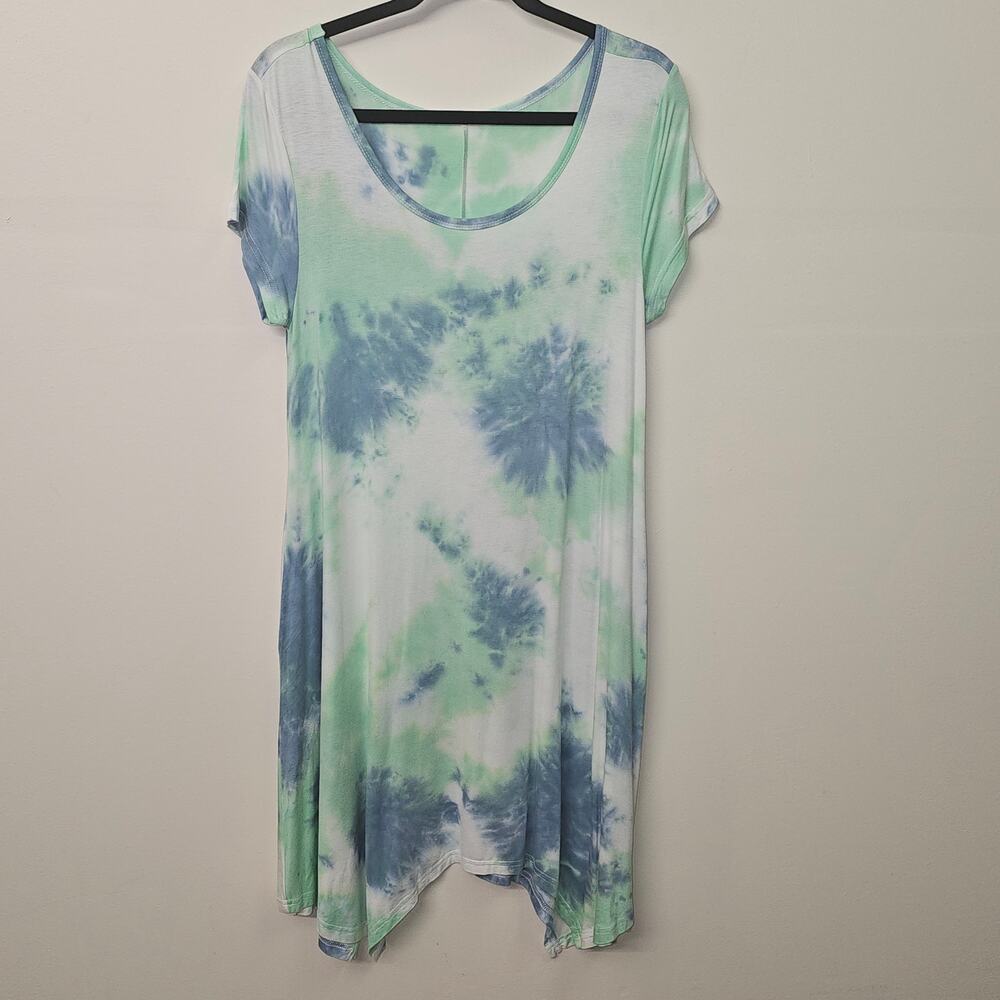 Women's Tie Dye Summer Dress Blue Green Shark Bite Hem Size M Boho Beach Tunic